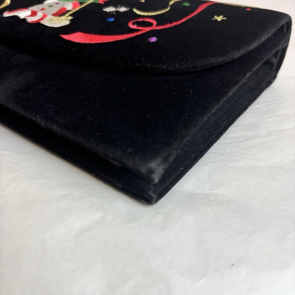 Vintage Velvet Christmas Clutch Purse Bag Black Snowman‎ Party Festive Gift